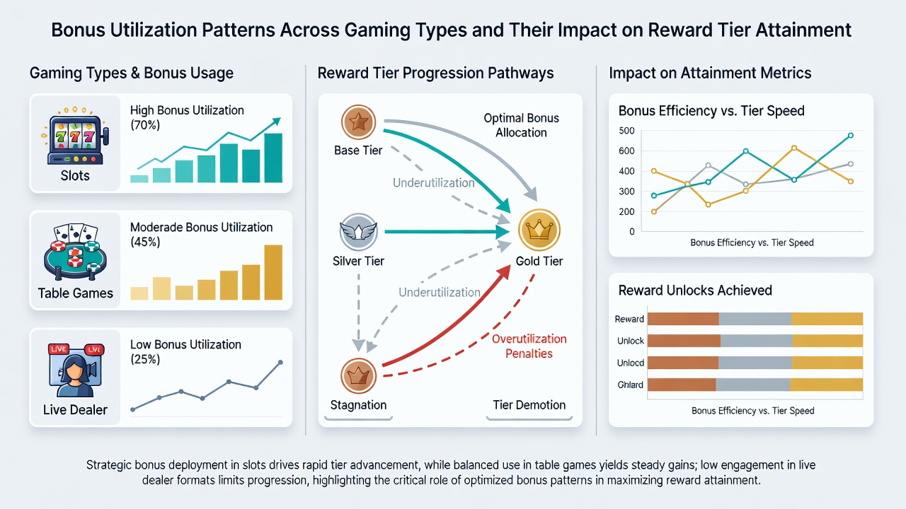 Chart displaying player progression from slot bonuses to live dealer participation and corresponding increases in reward tier attainment over six months