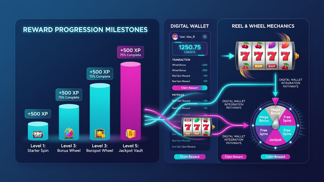 Chart displaying reward progression stages from slot free spins through roulette tables to VIP wallet perks with timeline markers