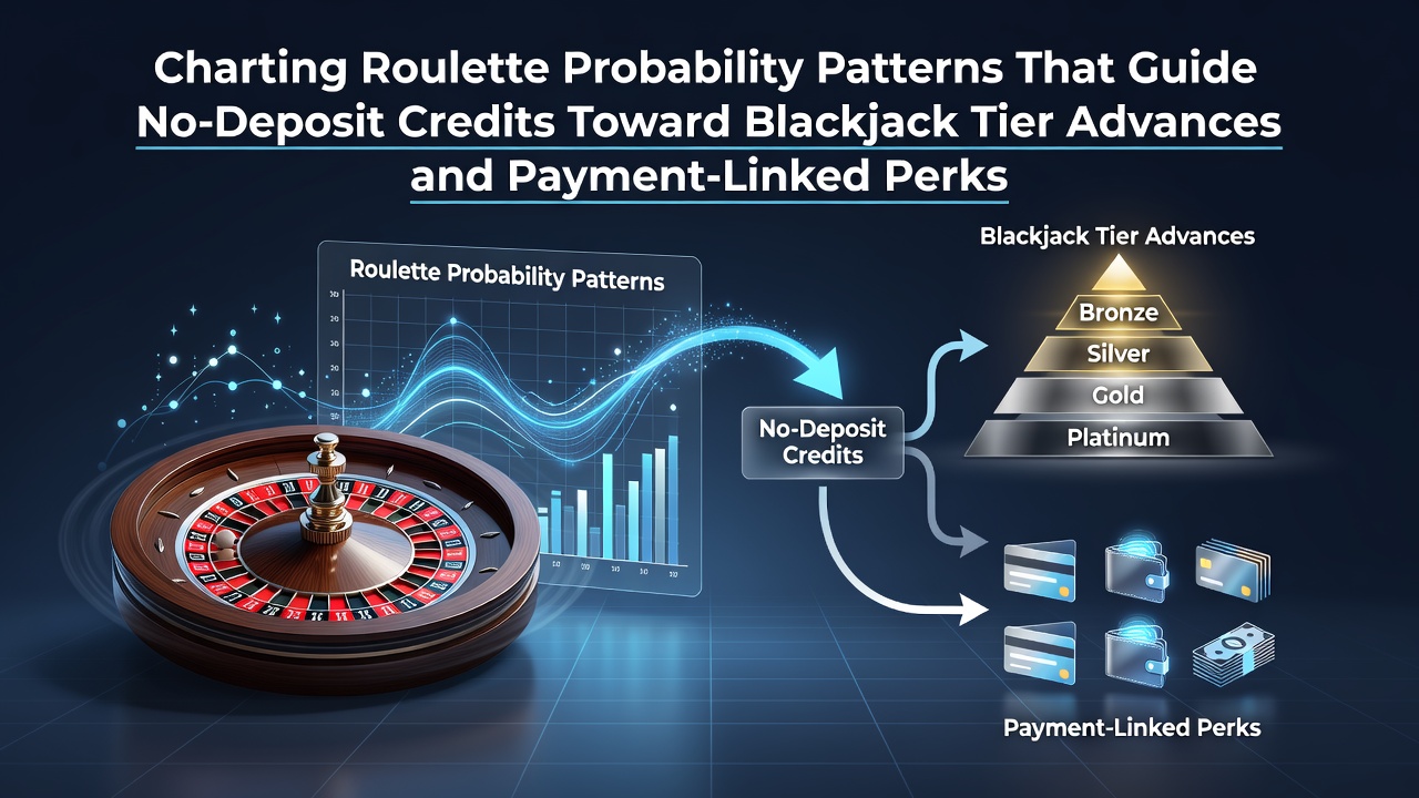 Roulette wheel with probability charts overlaid showing no-deposit credit flows toward blackjack tables