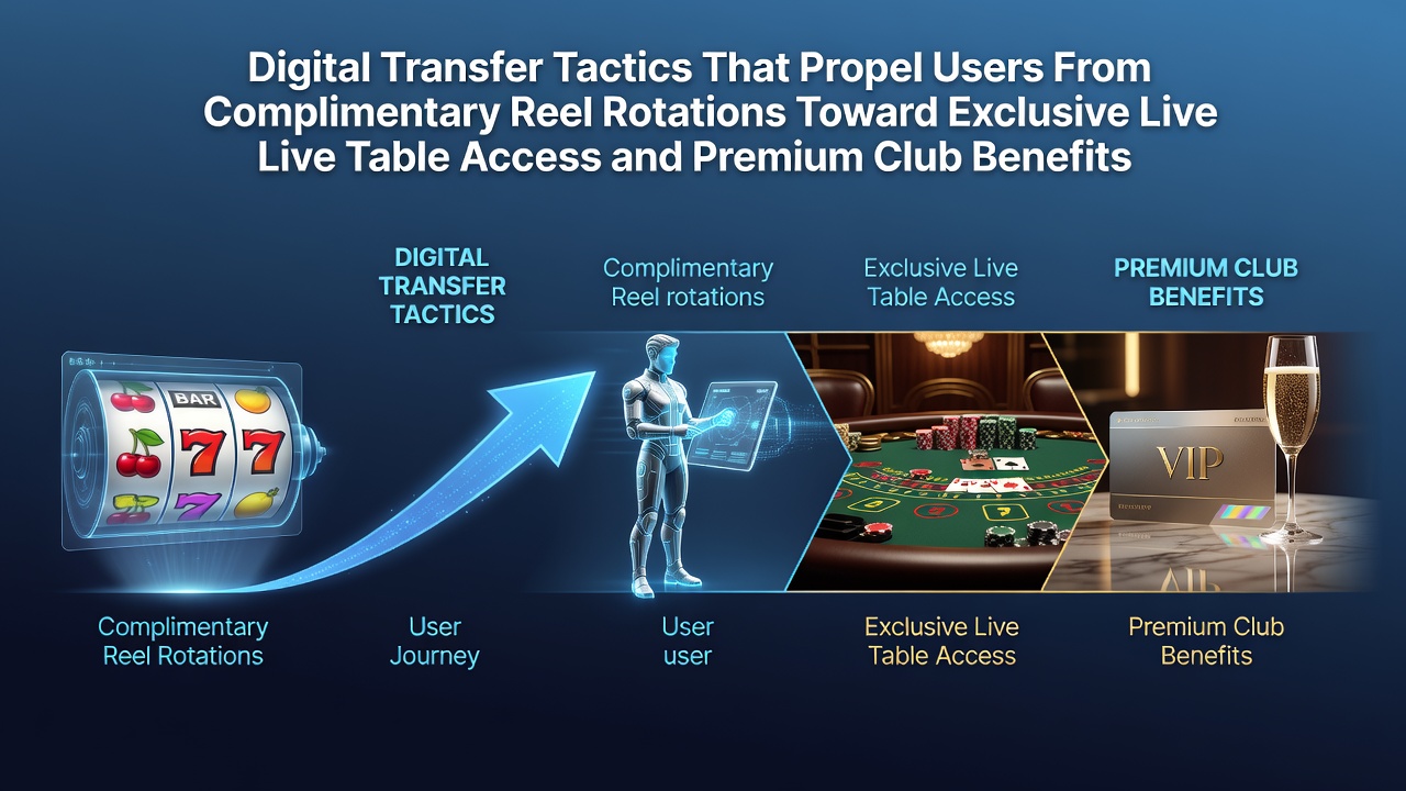 Digital interface showing progression from slot games to live dealer tables with VIP indicators