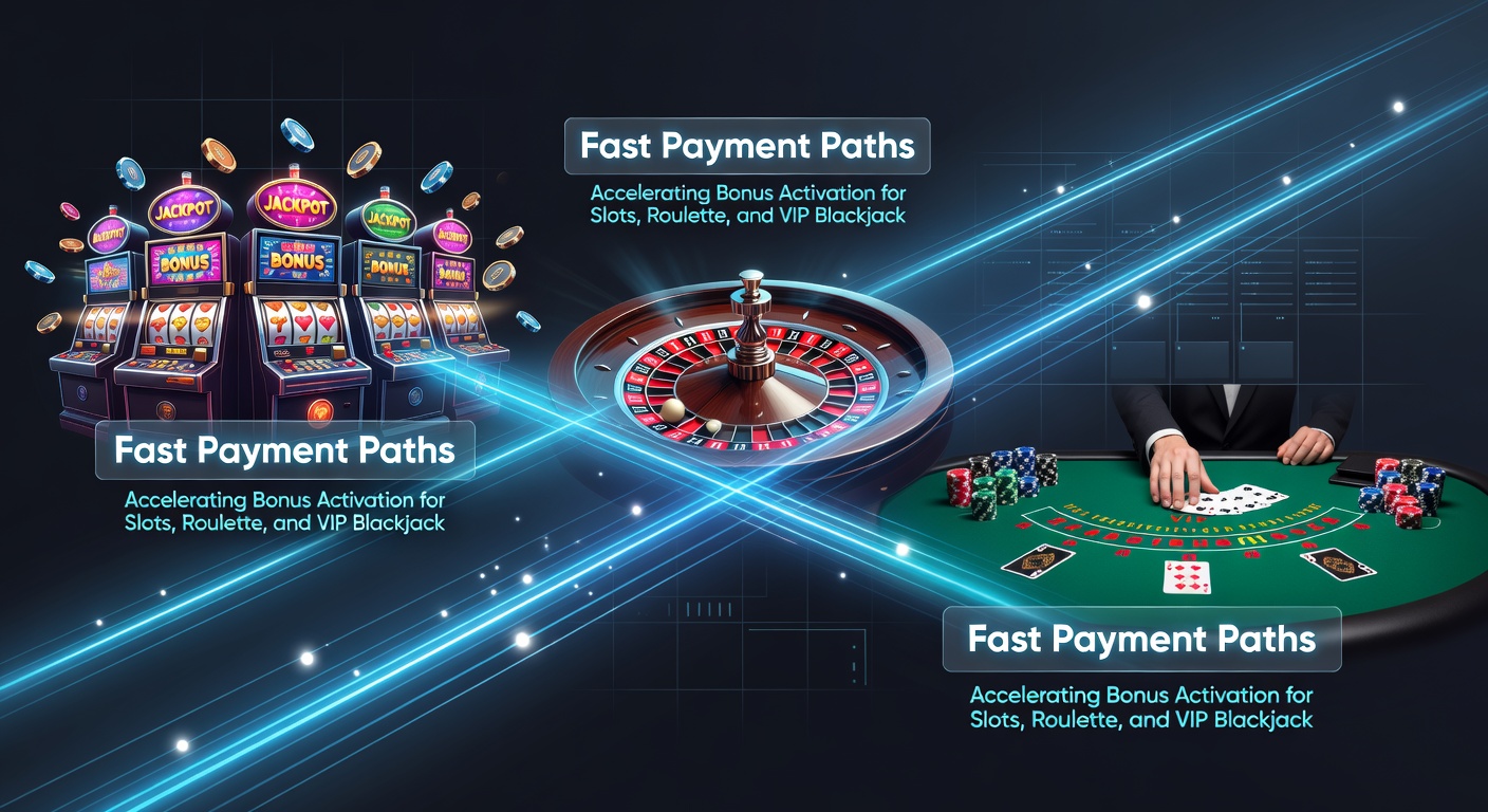 Digital graphic showing lightning-fast payment icons linking to slot reels, roulette wheel, and blackjack table with bonus symbols activating instantly