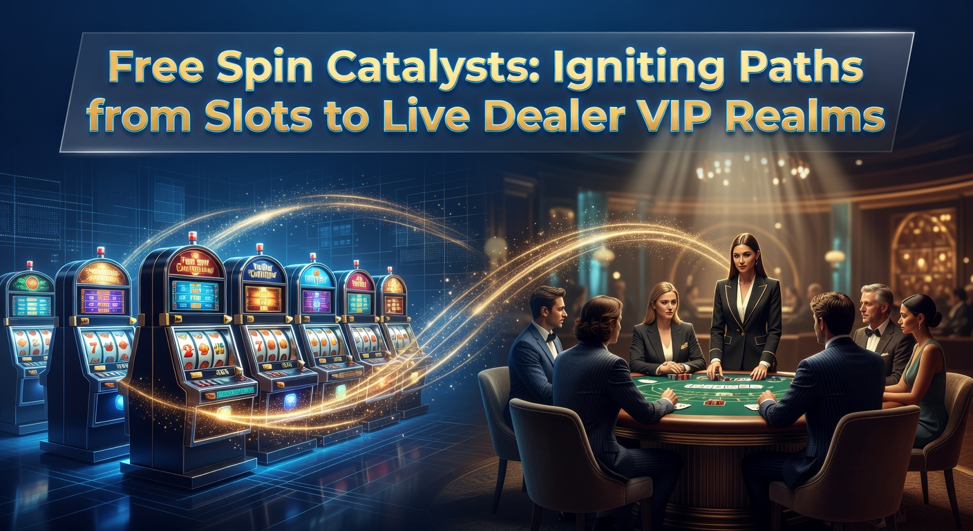 Vibrant slot machine reels spinning with free spin symbols exploding into live dealer tables in the background, symbolizing the journey from casual play to high-stakes VIP action