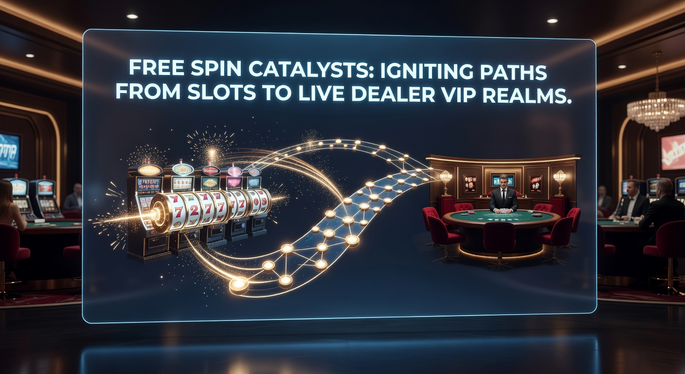 Player's screen transitioning from slot free spins to a live dealer blackjack table with VIP badges glowing, illustrating the catalytic progression path