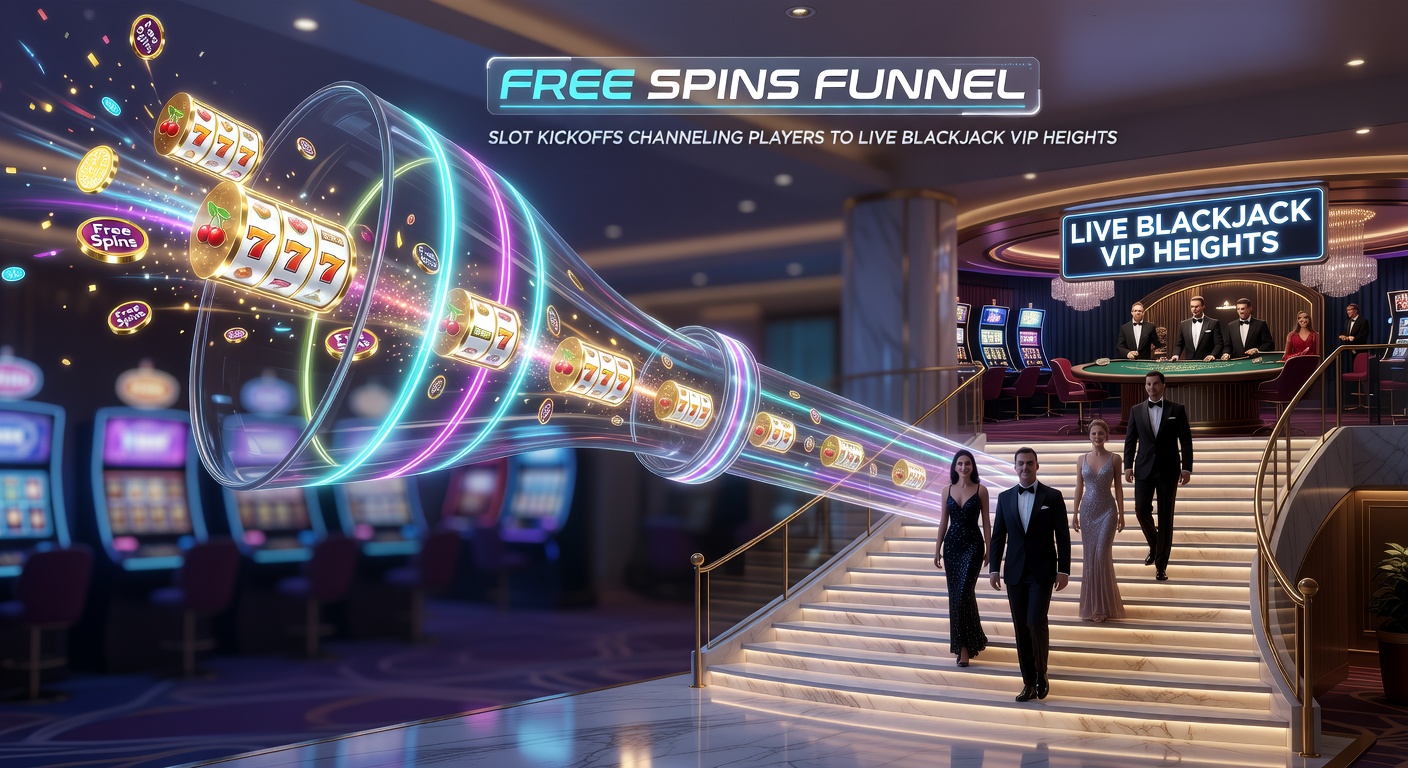 Vibrant slot machine reels spinning with free spins notifications overlaying a path leading toward a glamorous live blackjack table under VIP spotlights