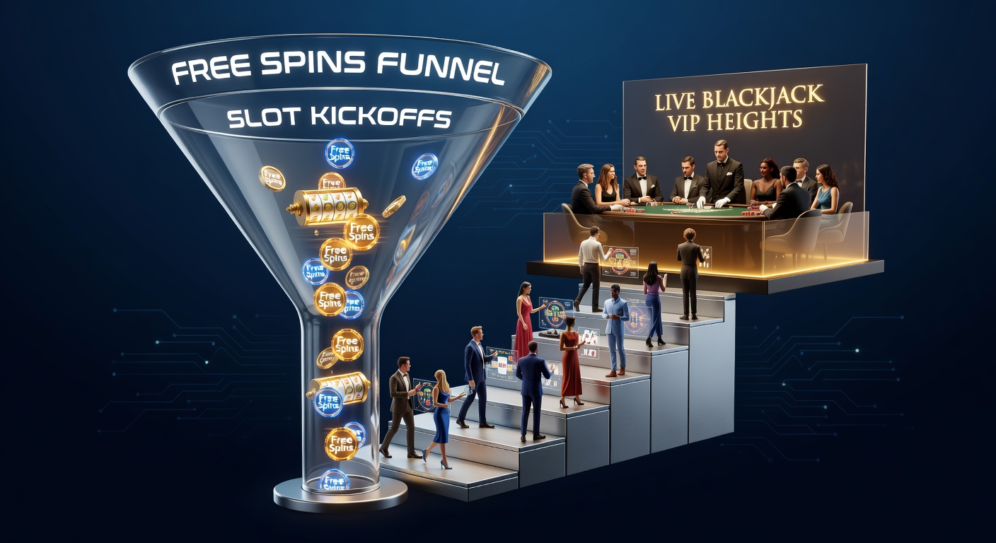 Dynamic infographic illustrating a player journey from free spins on slots curving upward to VIP live blackjack tables with escalating reward tiers