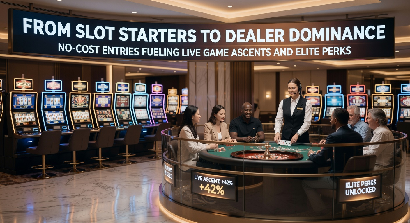 Players transitioning from colorful slot machines to live dealer blackjack tables, highlighting the journey from free entries to high-stakes action