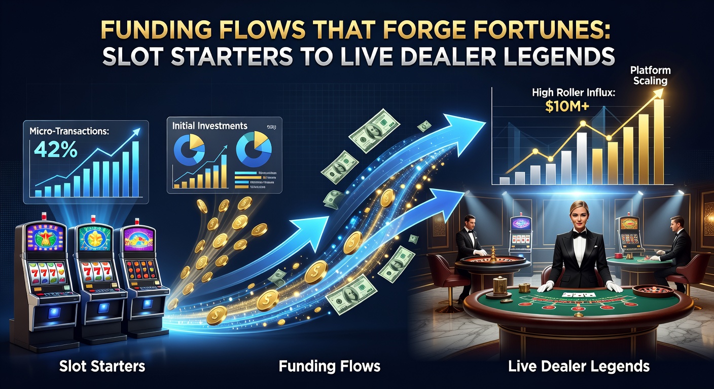 Vibrant digital graphic showing cascading coins from slot reels morphing into elegant live dealer tables under spotlights, symbolizing player progression through funding streams