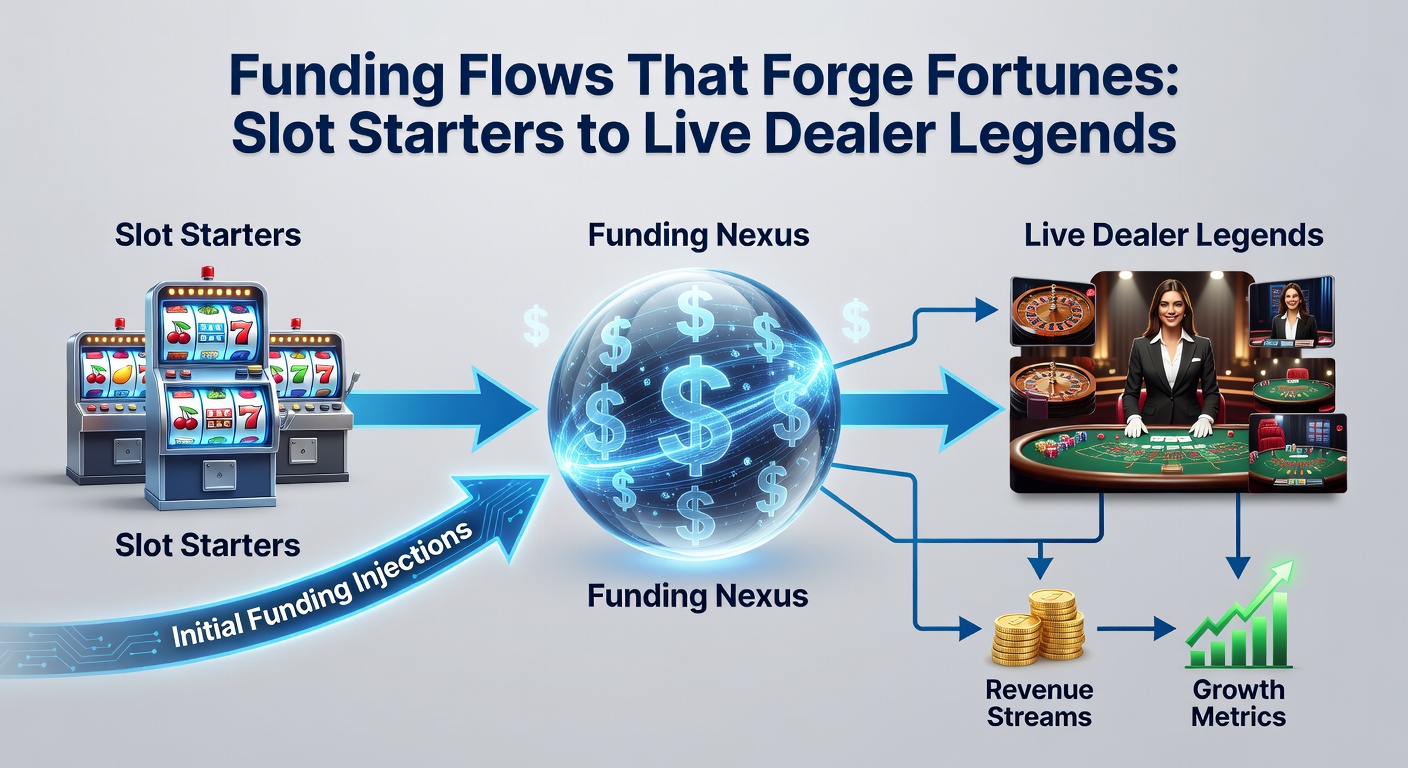Dynamic chart illustrating funding progression: arrows from slot icons to live dealer tables with currency symbols exploding along the path, highlighting growth metrics