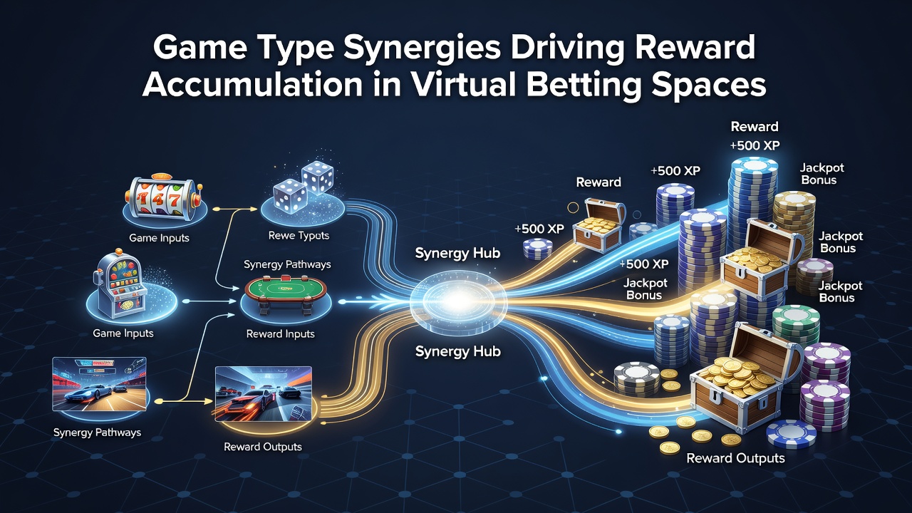 Virtual betting interface showing interconnected slots and table games with reward progress indicators