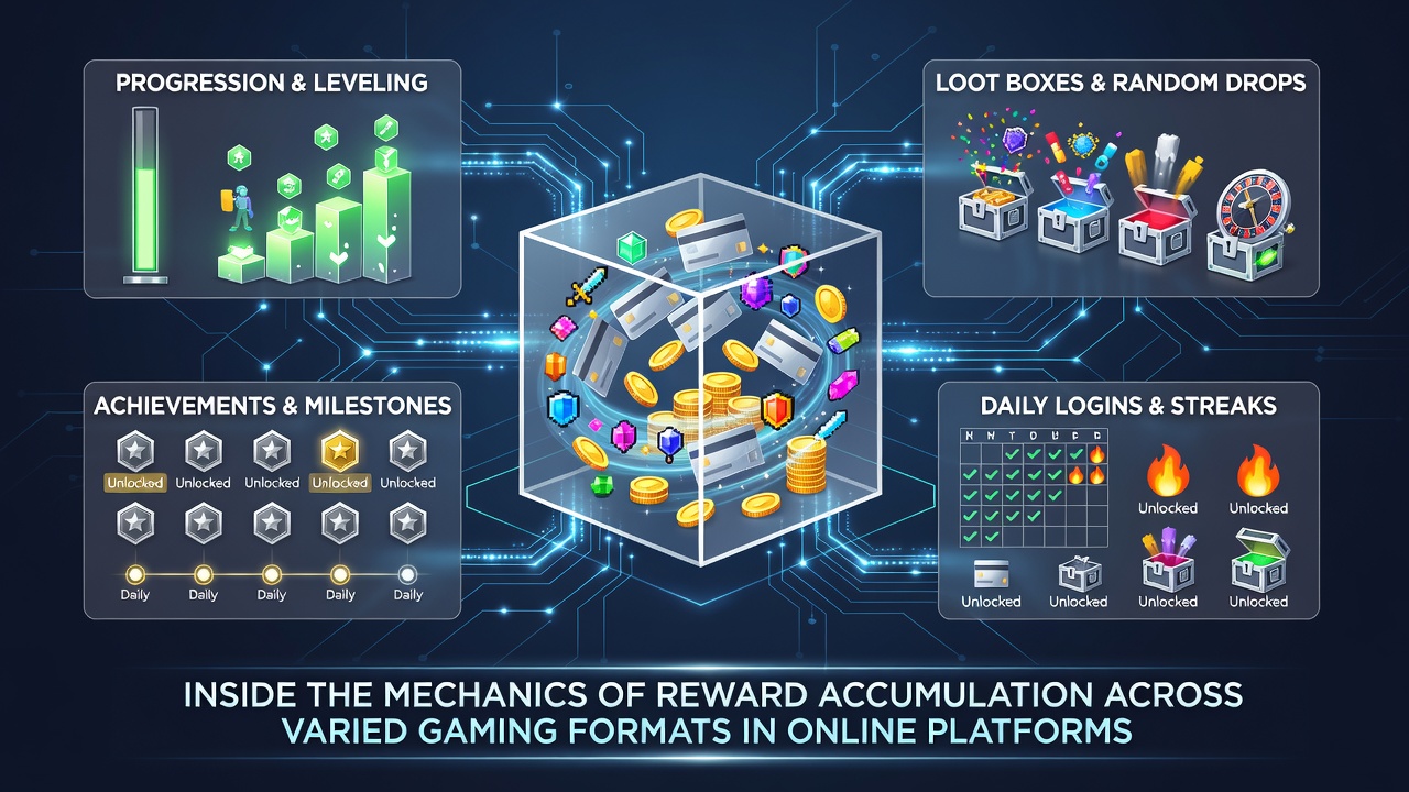 Digital interface showing reward points accumulating across slot machines and live dealer tables on an online gaming platform