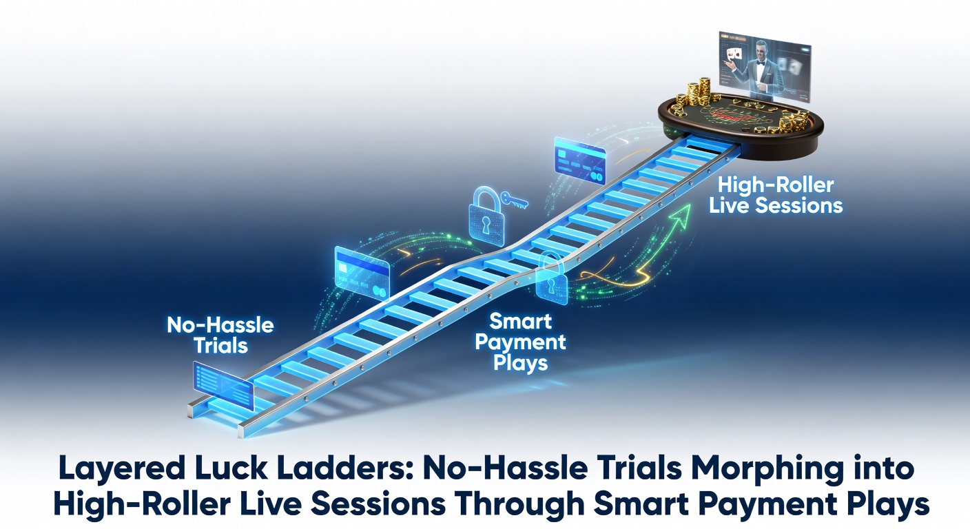 Players navigating a digital ladder from free slot trials to live dealer high-stakes tables, with payment icons bridging the levels