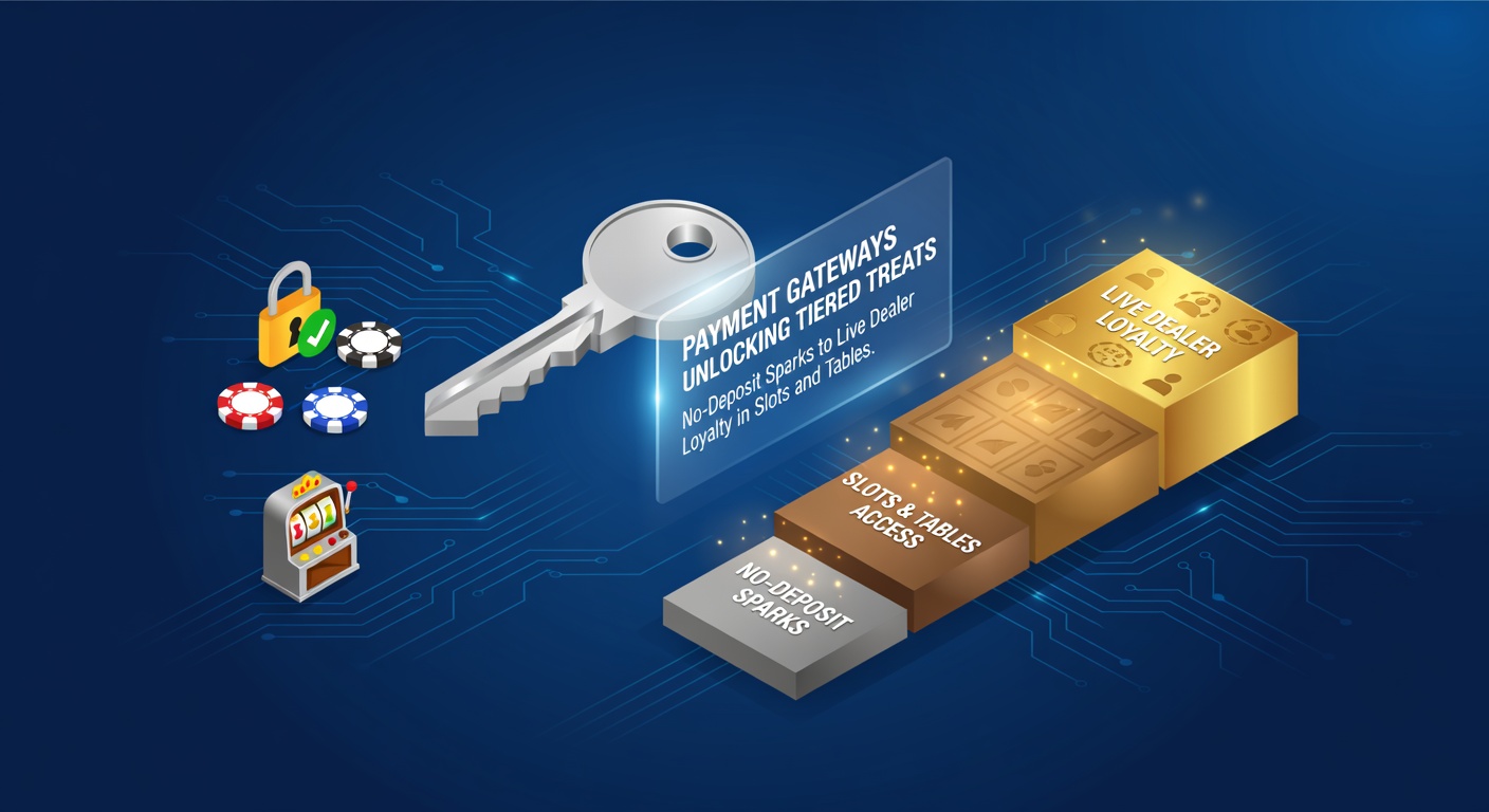 Digital illustration of secure payment gateways connecting no-deposit bonuses to tiered loyalty rewards in online slots and live dealer table games
