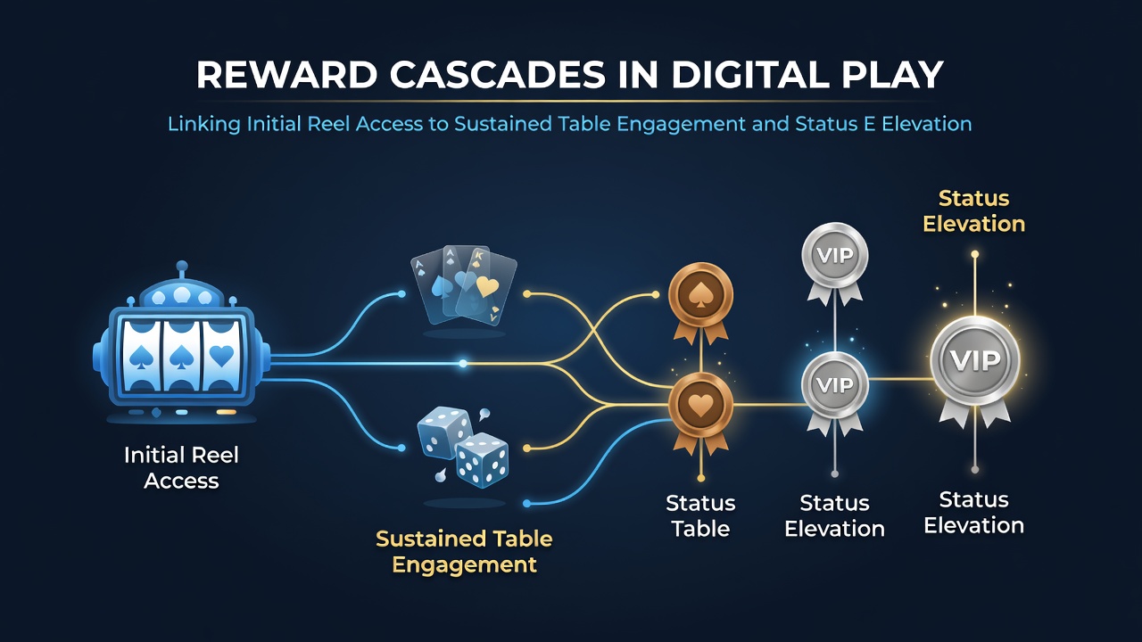 Digital casino interface showing slot reels transitioning into live table game environments with VIP tier indicators