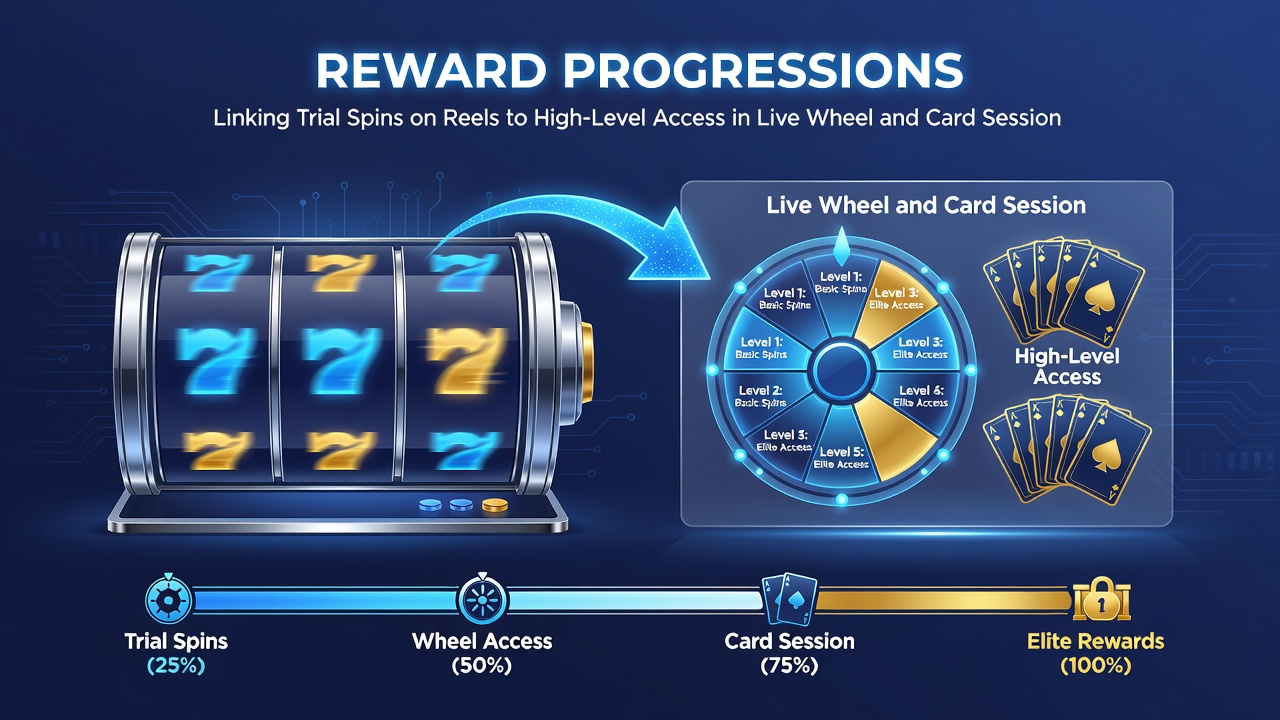 Diagram of reward progression from slot trials through payment gateways to high-level live dealer tables