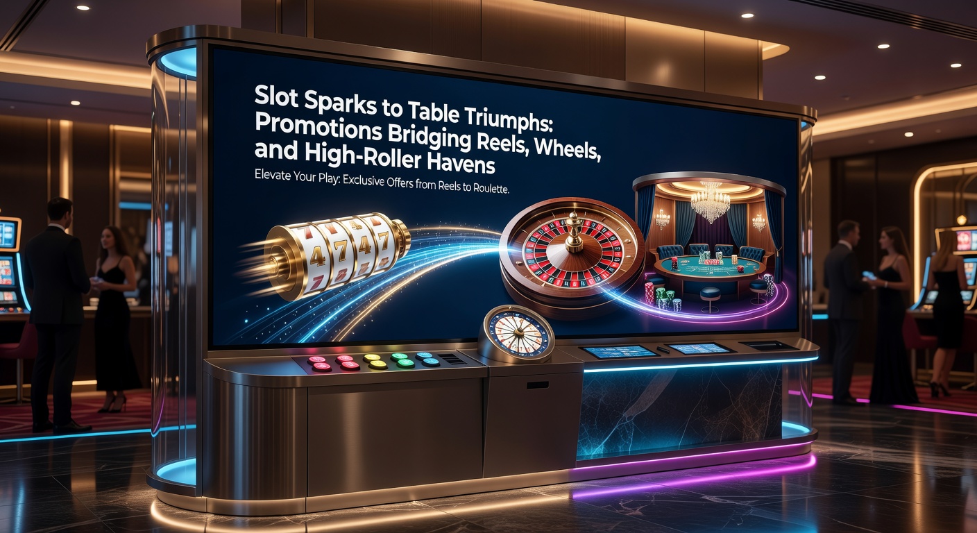 Vibrant casino floor showing slot machines transitioning to roulette wheels and exclusive VIP lounges, illustrating promotional pathways
