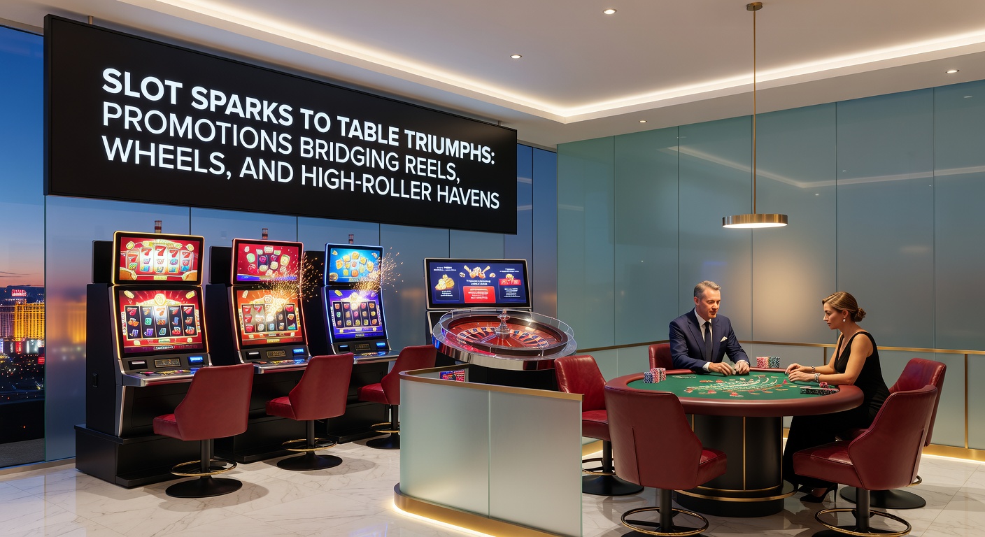Dynamic scene of a player moving from slot wins to roulette table action, with VIP lounge entrance glowing in the background