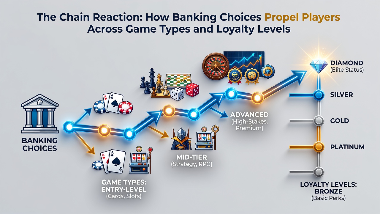 Illustration showing payment methods connecting slot games to live dealer tables and loyalty program tiers in online casinos