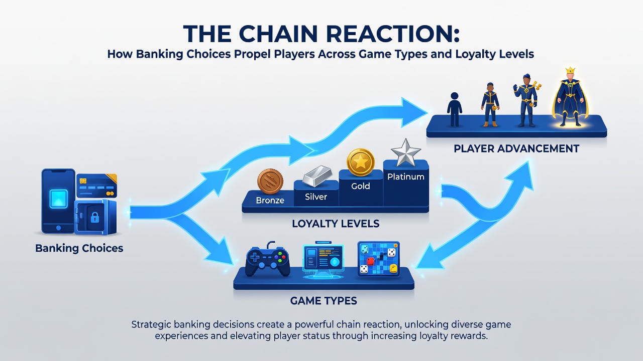 Diagram depicting how different banking options accelerate movement between slot machines, live dealer tables, and VIP reward structures