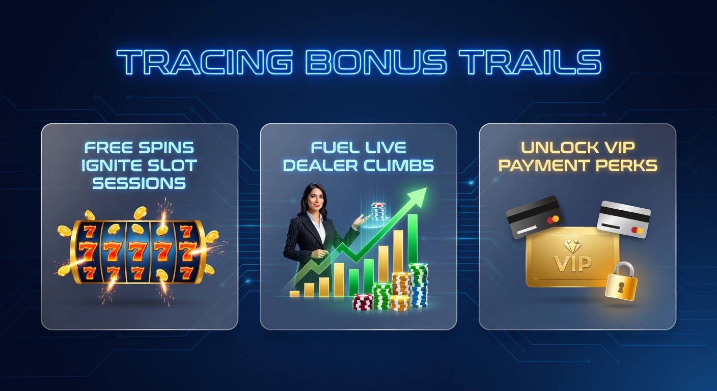 Dynamic graphic showing a winding bonus trail from free spins icons through slot reels, live dealer tables, and up to VIP lounge doors with payment perks highlighted