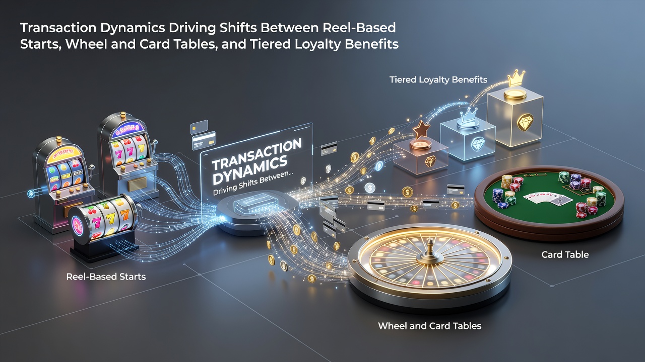 Casino transaction flow from slot reels to roulette wheels and card tables with loyalty tier progression